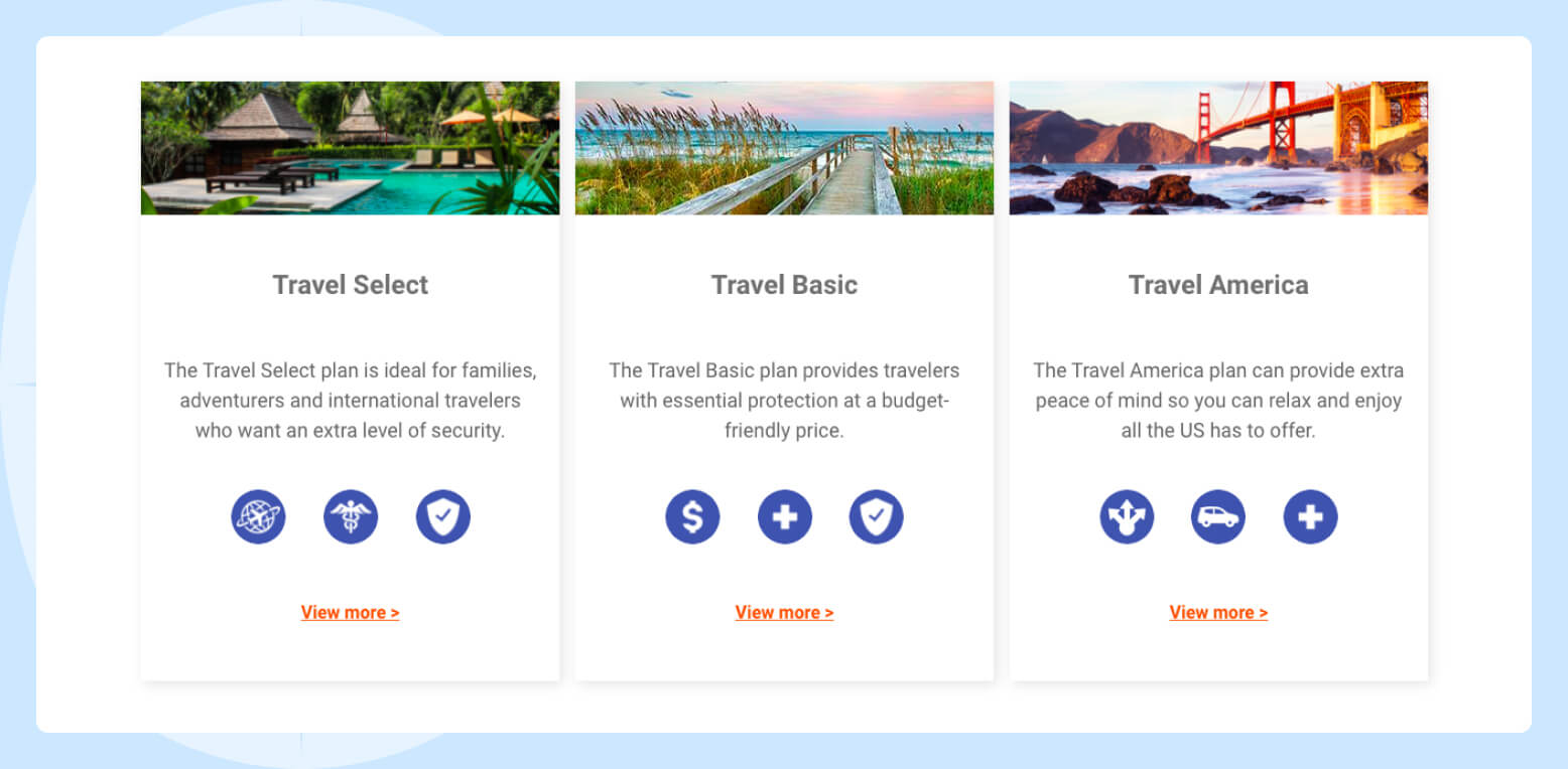 Travelex Insurance Services Travel Plans Screenshot of the Travel Select, Travel Basic, and Travel America insurance plans that travelers can choose from when they purchase travel insurance through Travelex Insurance Services.