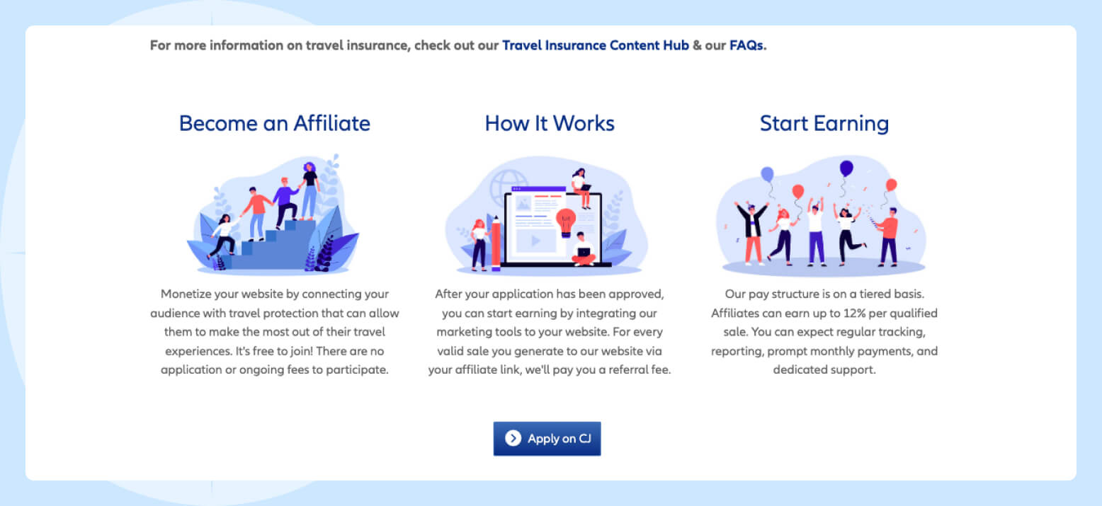 Allianz Global Assistance Affiliate Program Screenshot of the Allianz Global Assistance affiliate program sign-up page on the Allianz Global Assistance website, featuring cartoon pictures helping people discover how to become an affiliate, how it works and how to start earning with the program.