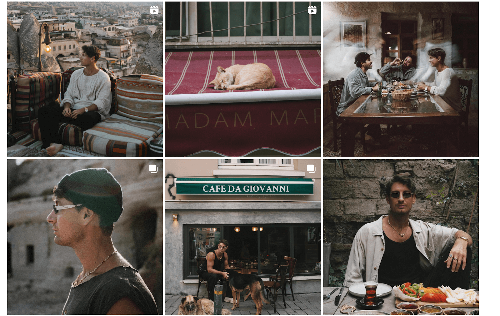 Travel content from @jackmorris uses muted colors to make his work easily recognizable among that of other influencers A screenshot of the @jackmorris Instagram feed featuring photos in muted colors