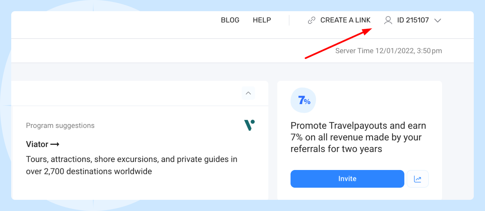 The Travelpayouts dashboard Screenshot of the Travelpayouts dashboard, showing where users can find a partner's ID.