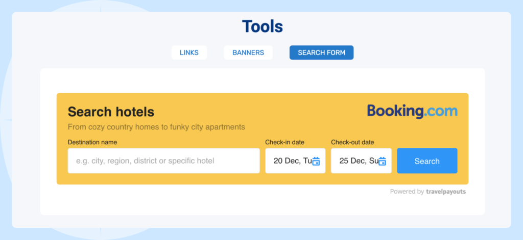 A search form of the Booking.com affiliate program Screenshot of the search form of the Booking.com affiliate program