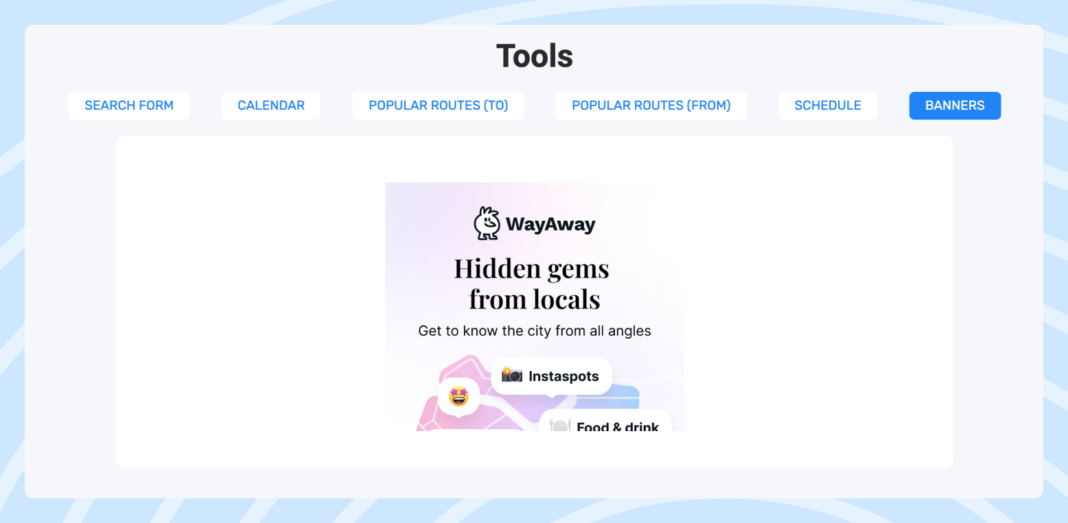 A banner example from the WayAway affiliate program Screenshot of the WayAway banner, featuring WayAway’s logo, mascot, text about hidden gems.