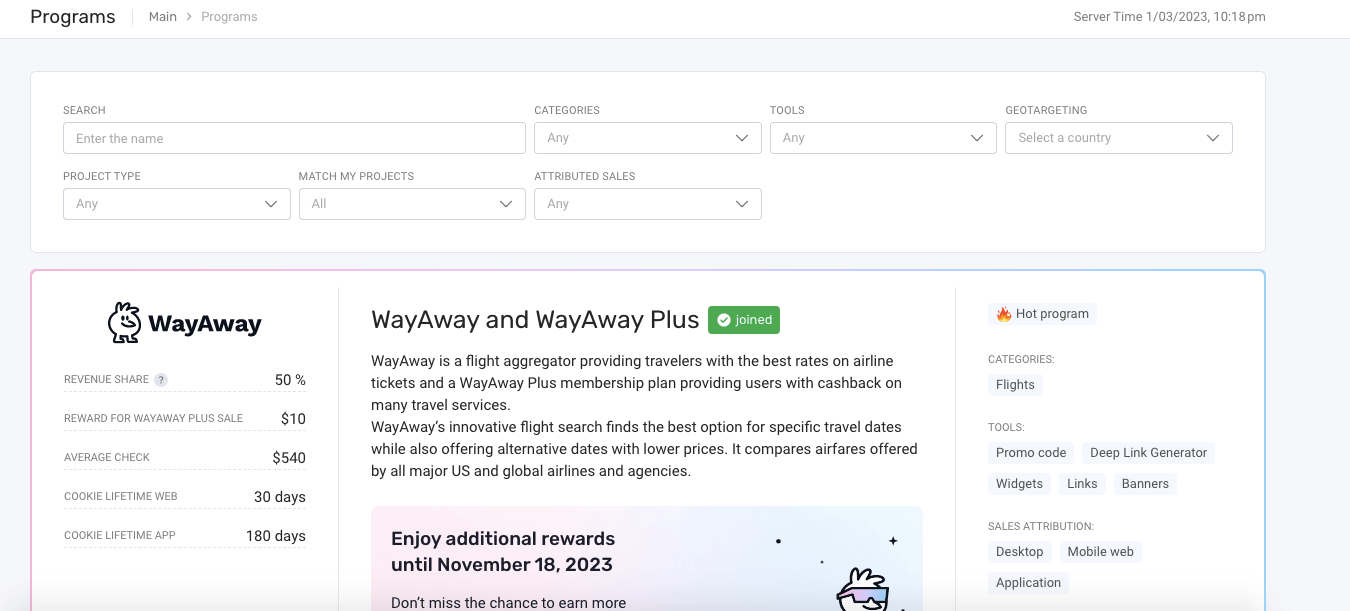 When you join Travelpayouts, you can choose from 100+ affiliate programs, offering everything from hotels and rental cars to tours and travel insurance! A screenshot of the Travelpayouts program page featuring WayAway and a menu to search for other affiliate programs.