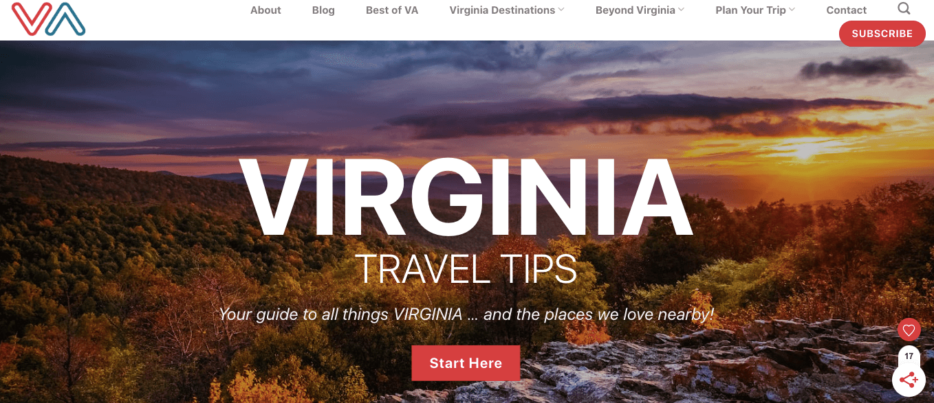 Megan & Aram make $60,000 per month from affiliate marketing and ad revenue on Virginia Travel Tips, pictured above, and three other websites. A screenshot of the Virginia Travel Tips website homepage featuring a gorgeous sunset behind the tagline “your guide to all things Virginia … and the places we love nearby.”