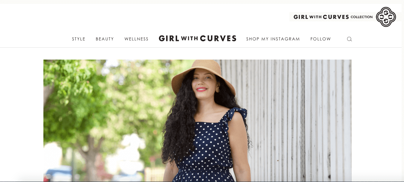 Girl With Curves is an excellent example of a fashion blogger who chose a competitive niche and found a way to differentiate herself (fashion for curvy women). Screenshot of “Girl with Curves,” a fashion website for curvy women featuring a woman with a camel hat and polka dot dress.