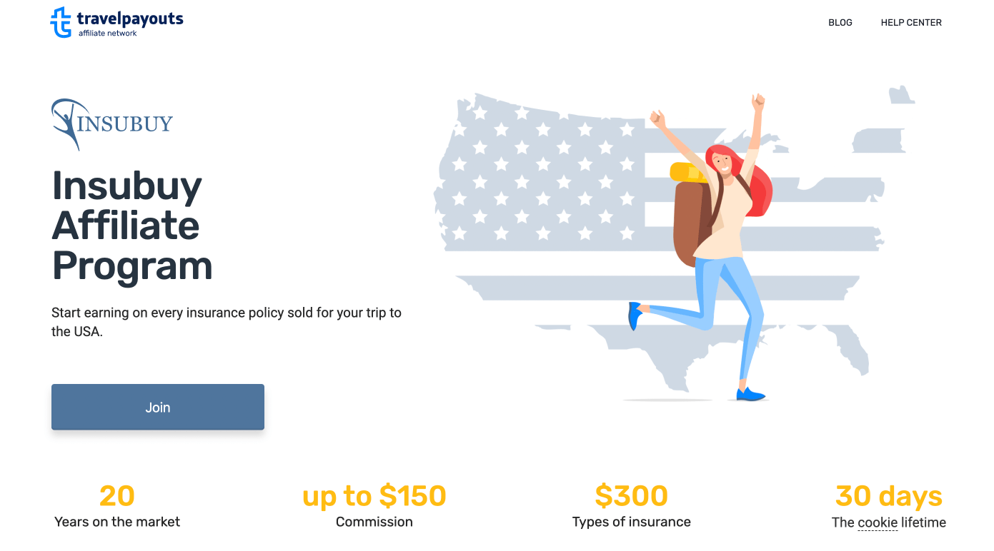 When you partner with Travelpayouts, you can join the Insubuy Affiliate Program to refer travel insurance plans to people visiting the United States. Screenshot of the Insubuy Affiliate Progam on Travelpayouts, showcasing a cartoon girl with red hair and a backpack jumping up in front of a silhouette of the United States.