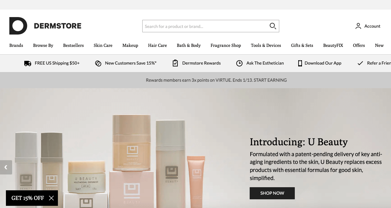 Dermstore is a beauty and skincare brand founded by a dermatologist that has an outstanding affiliate program if you’re interested in the beauty niche. Screenshot of “Dermstore,” a website selling beauty and skincare products.