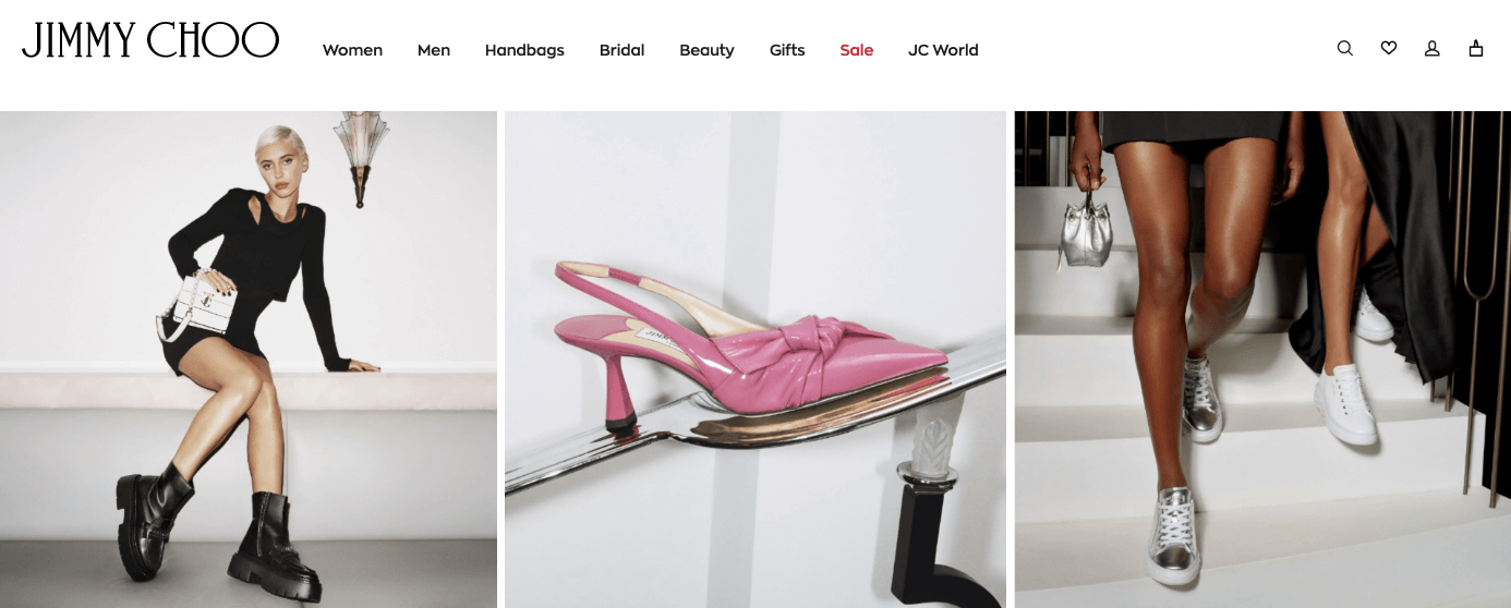 If you want to make a few hundred dollars each time you make a sale, join the luxury affiliate program for Jimmy Choo to promote designer bags and shoes. Screenshot of the “Jimmy Choo” website, showcasing a woman wearing a black dress and black shoes, a photo of pink heels, and a photo of two sets of legs walking down the stairs in metallic and white tennis shoes.