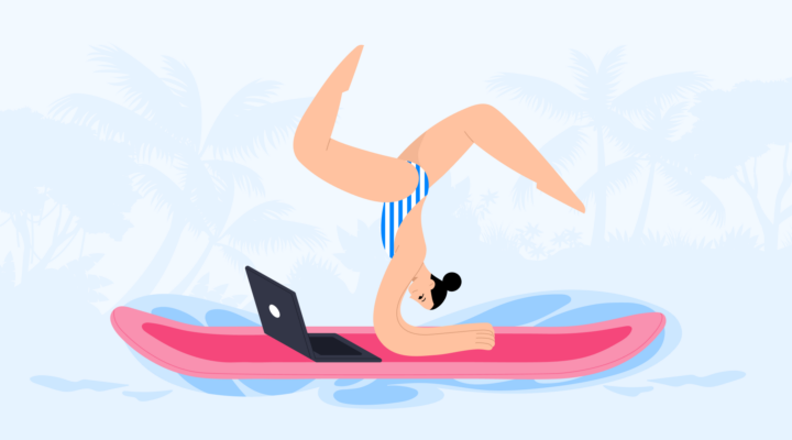 A person is shown doing gymnastics on a supboard, and a laptop is standing next to it.