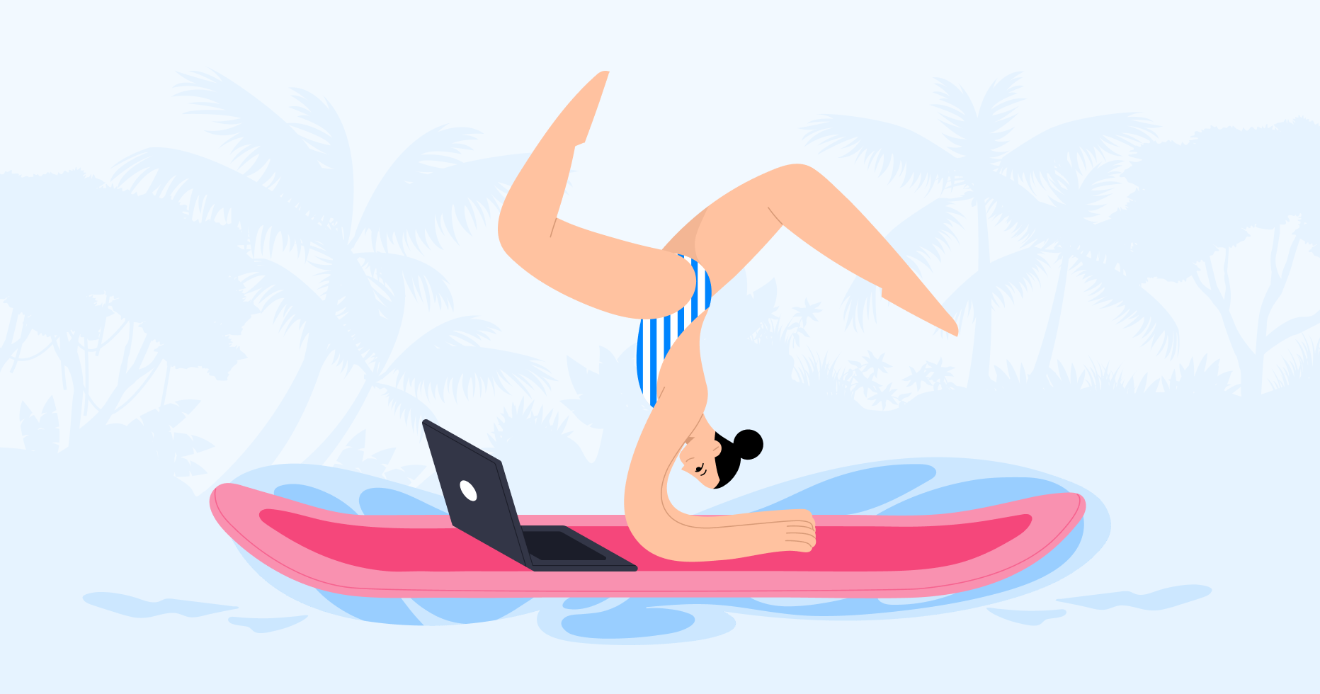 A person is shown doing gymnastics on a supboard, and a laptop is standing next to it.