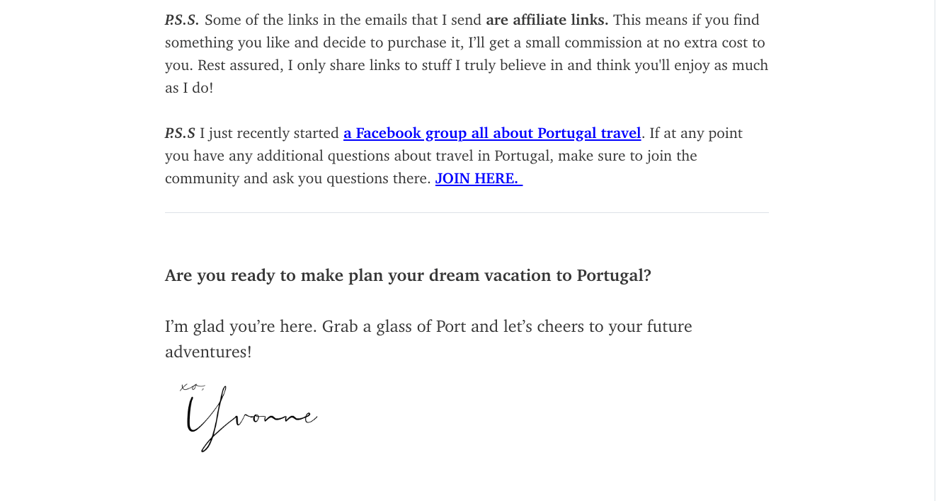 Remember always to be transparent about affiliate links in your emails photo of an email sequence for travel in Portugal