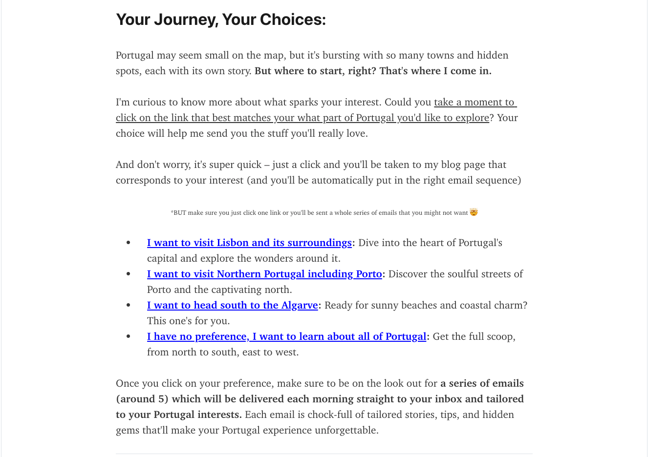 Now in Portugal, introductory email asking people where they want to travel in Portugal. NowinPortugal email newsletter.
