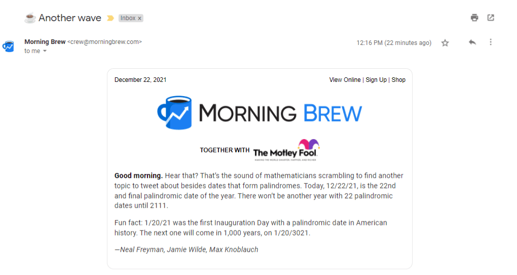 An example of primary sponsorship with Morning Brew. Morning Brew email example