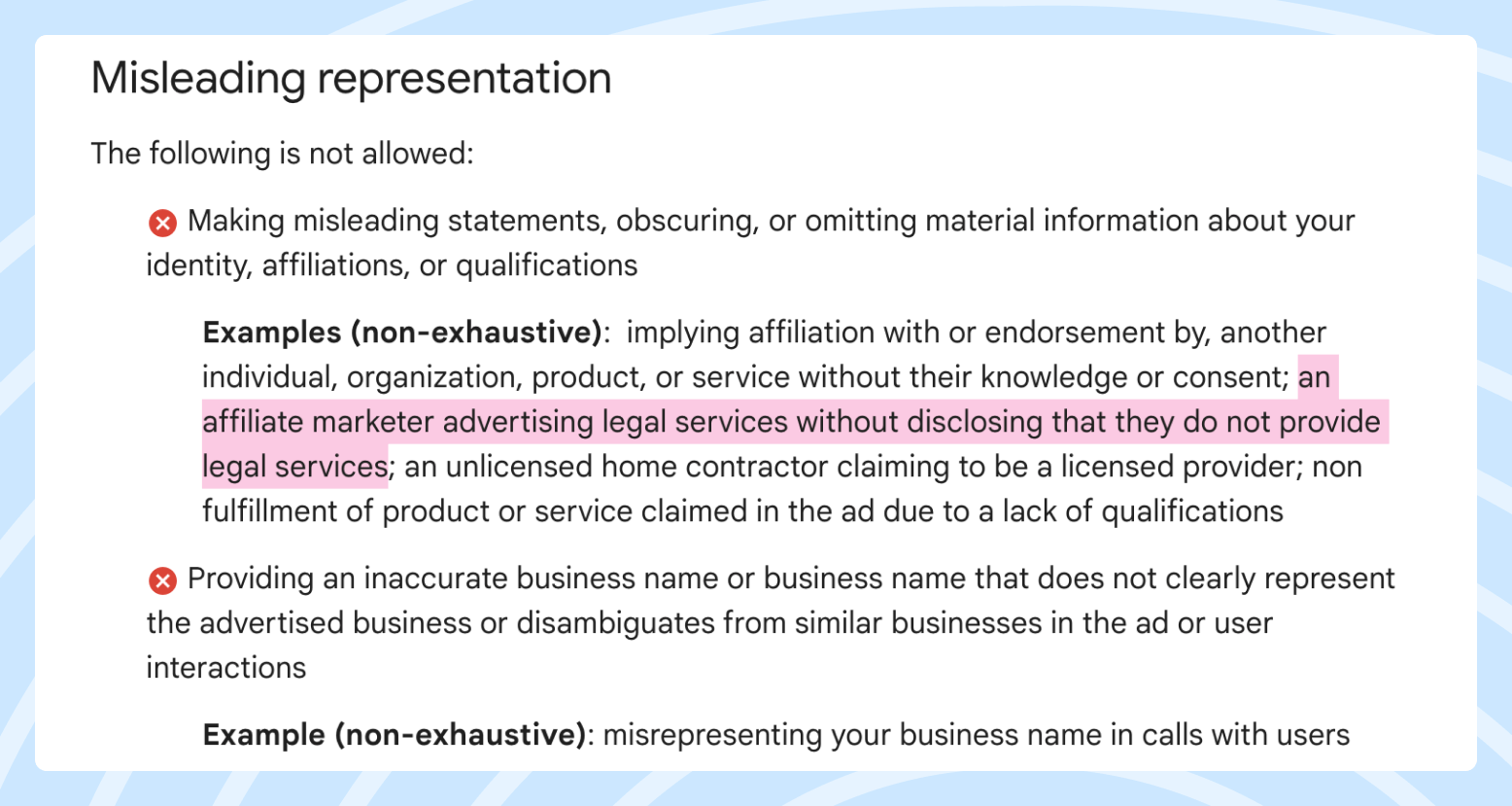 Excerpt from Google Ads Policies misleading representation Screenshot of the excerpt from Google Ads Policies, showing text about misleading representation.