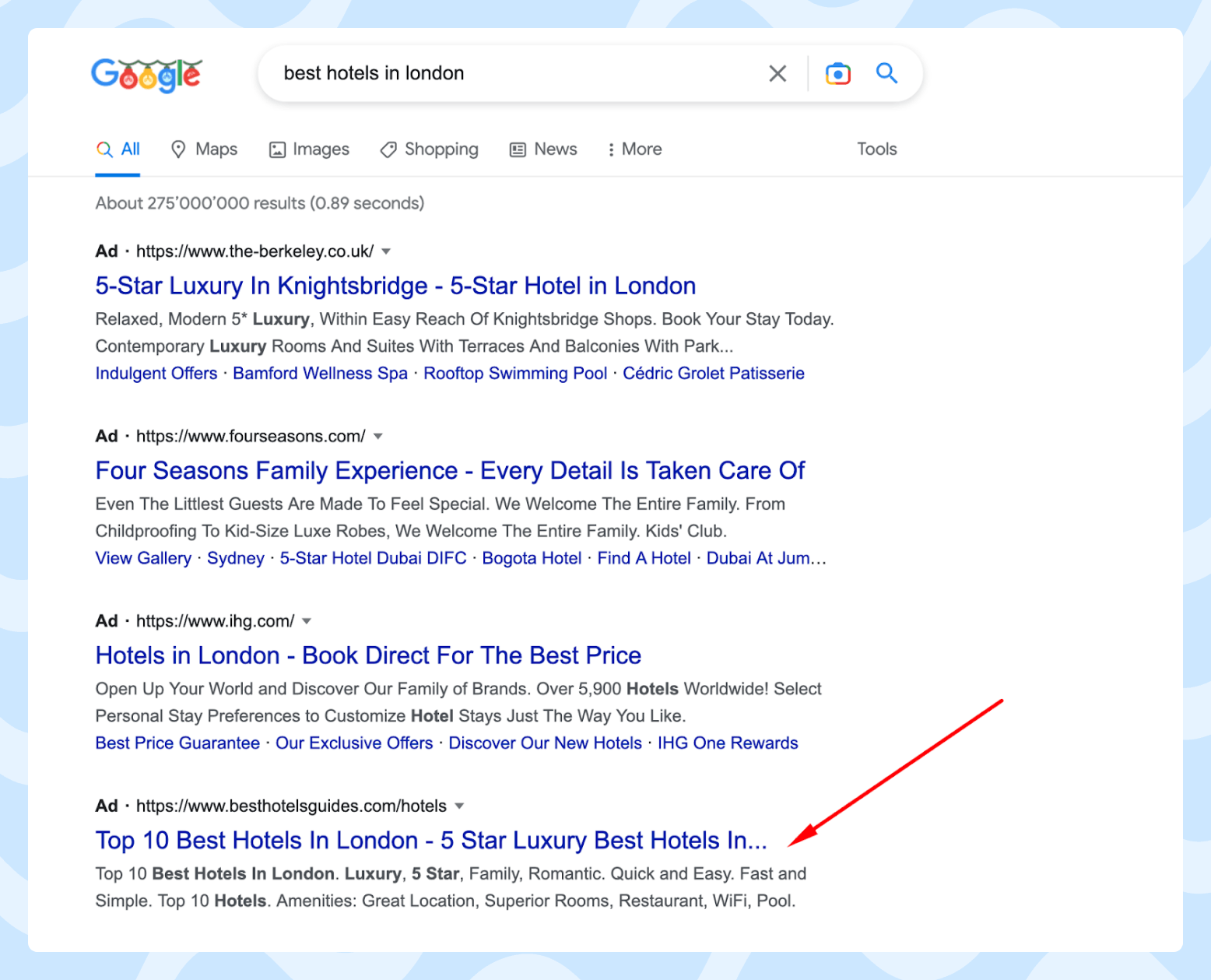 SERP for the “best hotels in London” search query with ads Screenshot of the SERP for the “best hotels in London” search query with ads, showing the example of the right ads.