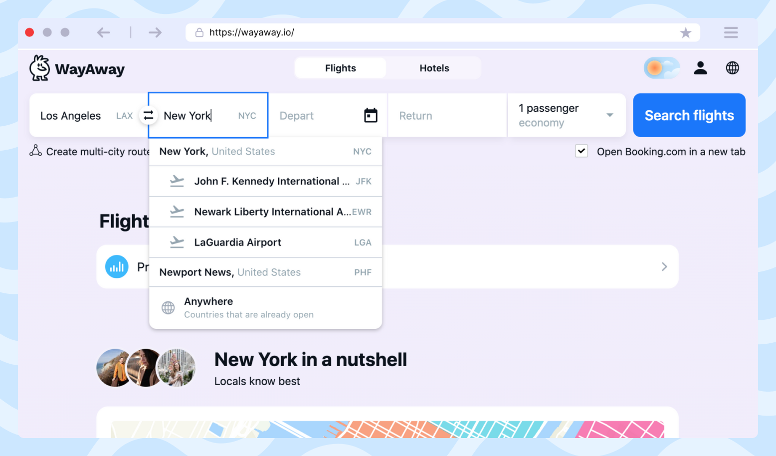 The WayAway homepage Screenshot showing the WayAway homepage with the search form filling with Los Angeles and New York cities names.