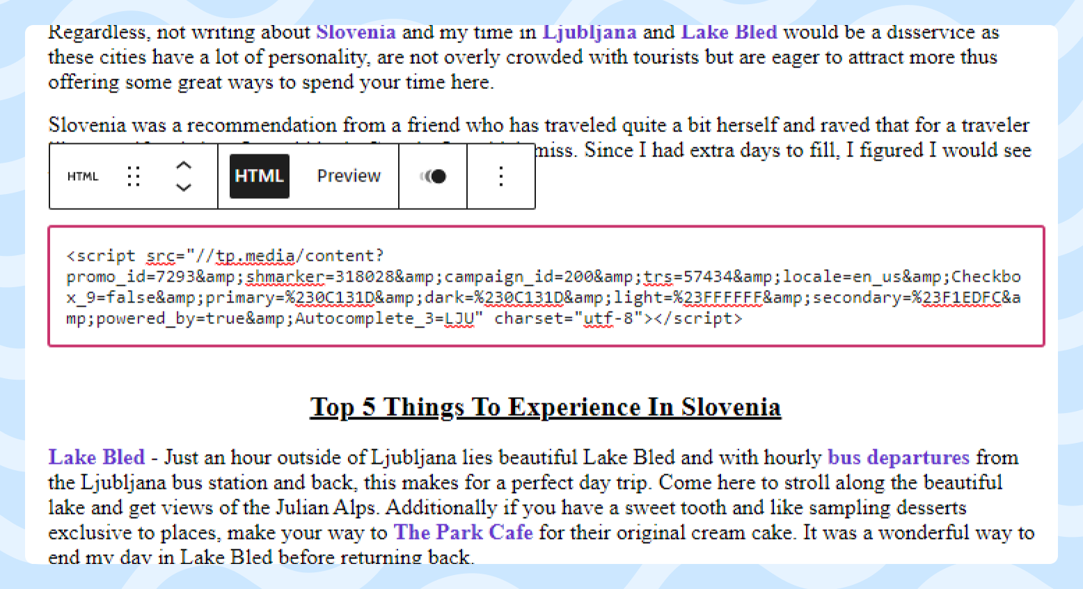 Example of embeding WayAway's widget code on the blog Screenshot featuring example of embeding WayAway's widget code on the blog