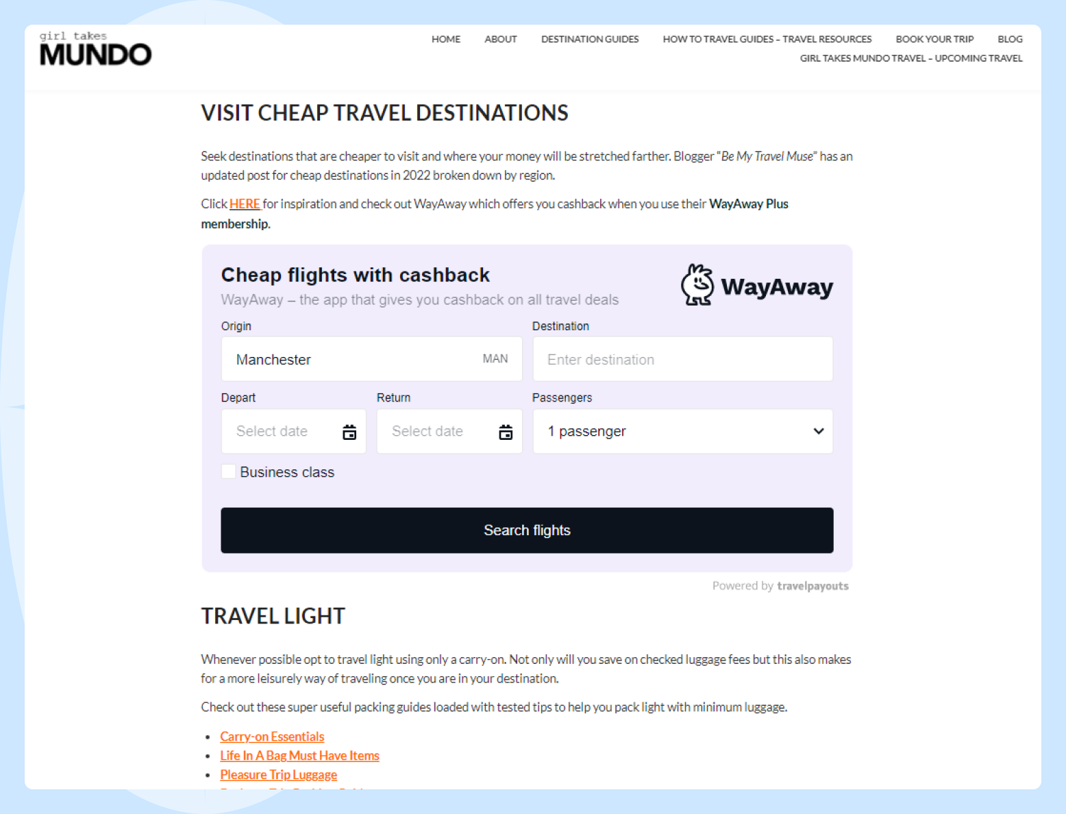 Destination guide “How To Plan A Vacation On A Budget” Screenshot with the example of embeding WayAway's widget to the article about planning vacation on a budget on Girl Takes Mundo blog.