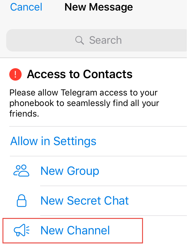 A screenshot of the menu on Telegram featuring