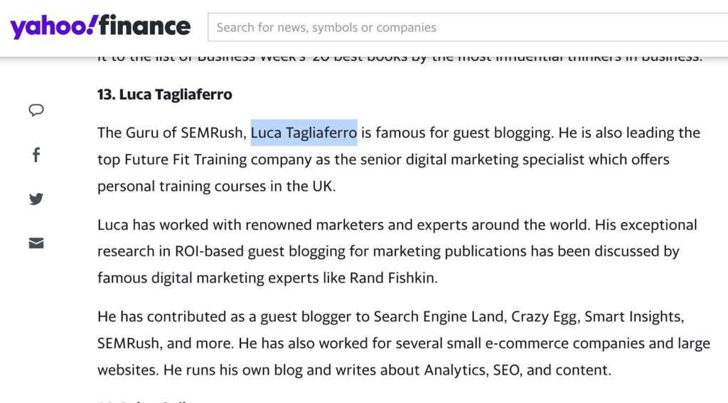 Luca Tagliaferro mention on Yahoo! Finance Mention on Yahoo! Finance