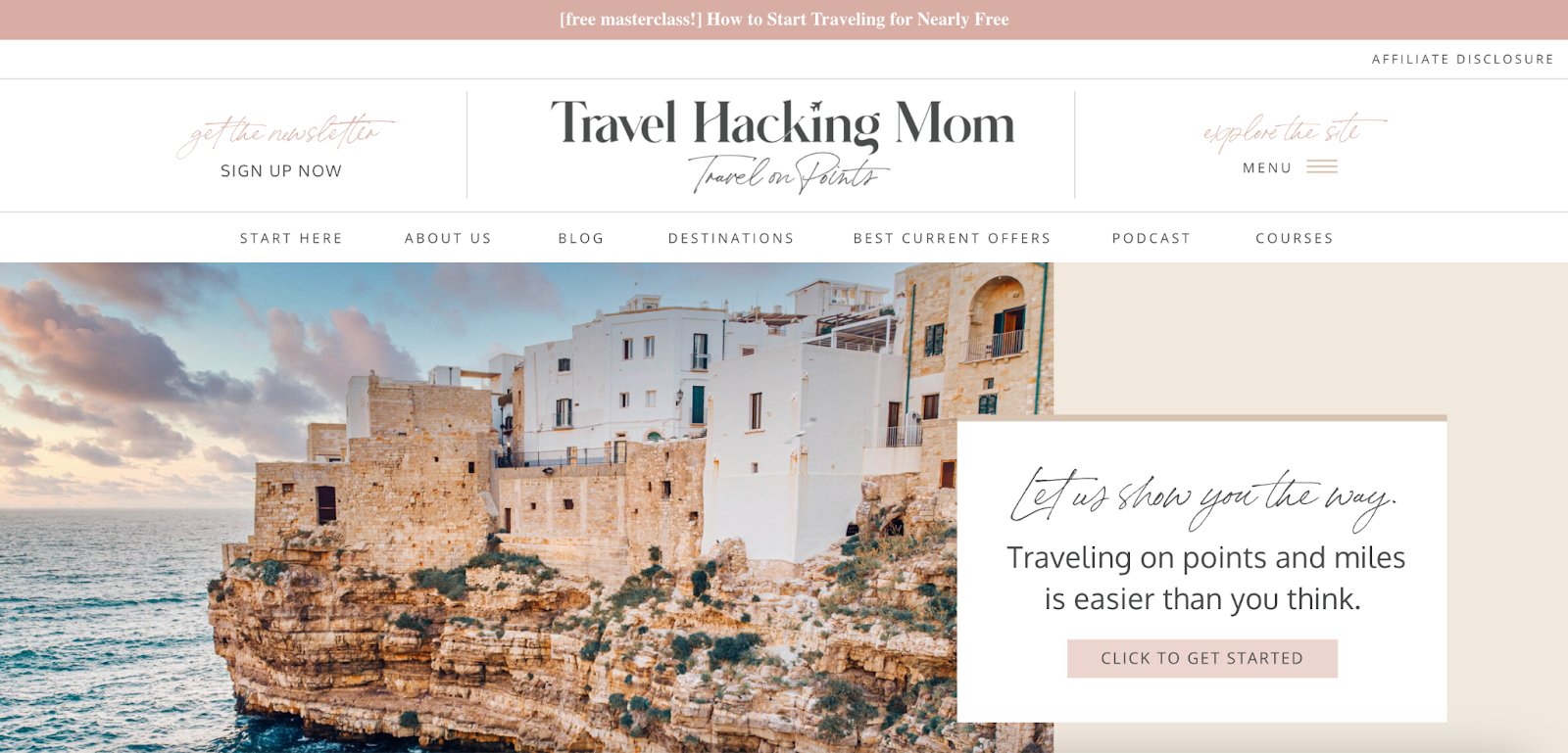 Travel Hacking Mom helps travelers learn how to travel nearly for free by using credit card points and airline miles A screenshot of the Travel Hacking Mom website homepage
