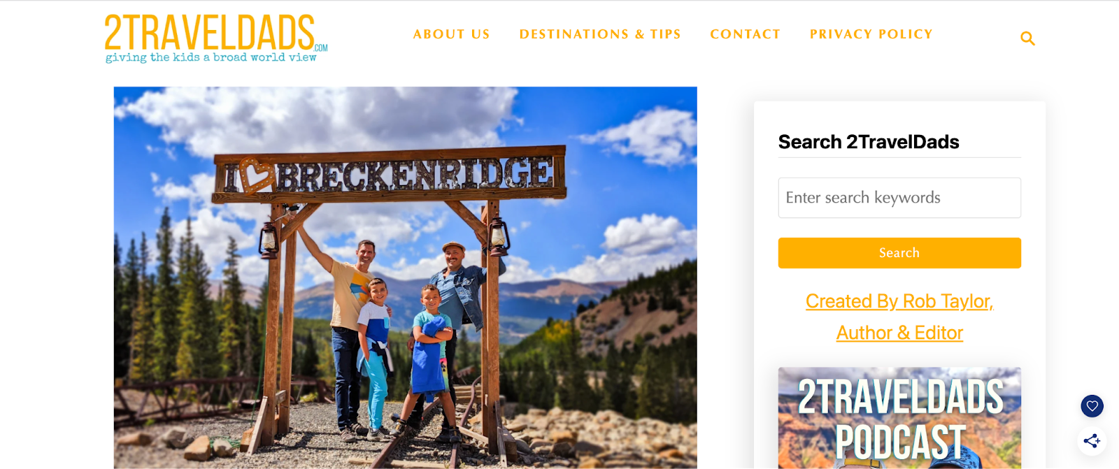 2 Travel Dads is a travel blog that shares their experience traveling around the world as an LGBTQ+ family and encourages other families to travel with their kids, too A screenshot of the homepage of 2 Travel Dads