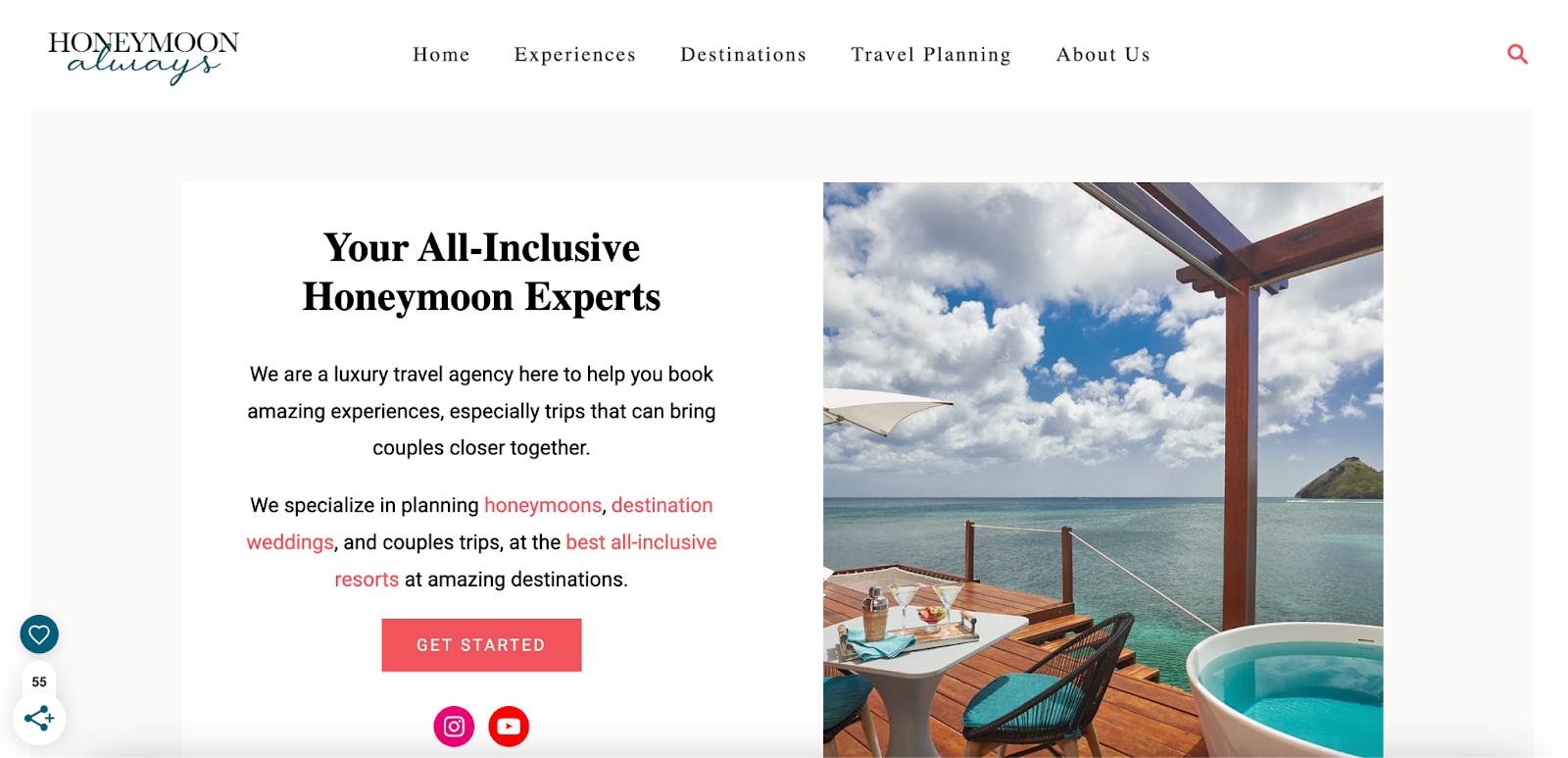 Honeymoon Always helps couples plan romantic trips, honeymoons, and destination weddings at all-inclusive resorts and amazing destinations around the world A screenshot of the homepage of Honeymoon Always