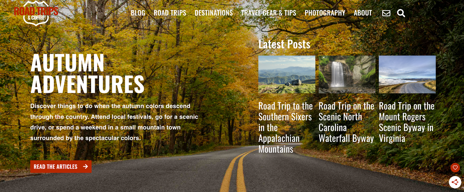 Road Trips & Coffee is a travel blog that was started to combine a blogger’s love of writing, the outdoors, and road-tripping. A screenshot of the homepage of Road Trips & Coffee