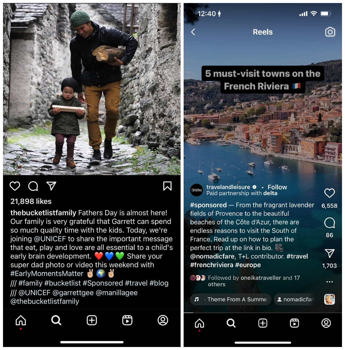 Screenshots featuring examples of Sponsored content from thebucketlistfamily and Travelandleisure