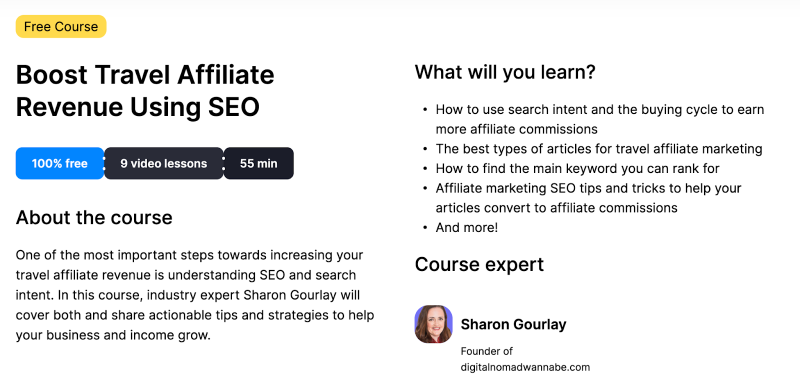 The description of the course with Sharon Gourlay on the Travelpayouts Academy landing page Screenshot of the Sharon Gourlay course description from the Travelpayouts Academy landing page