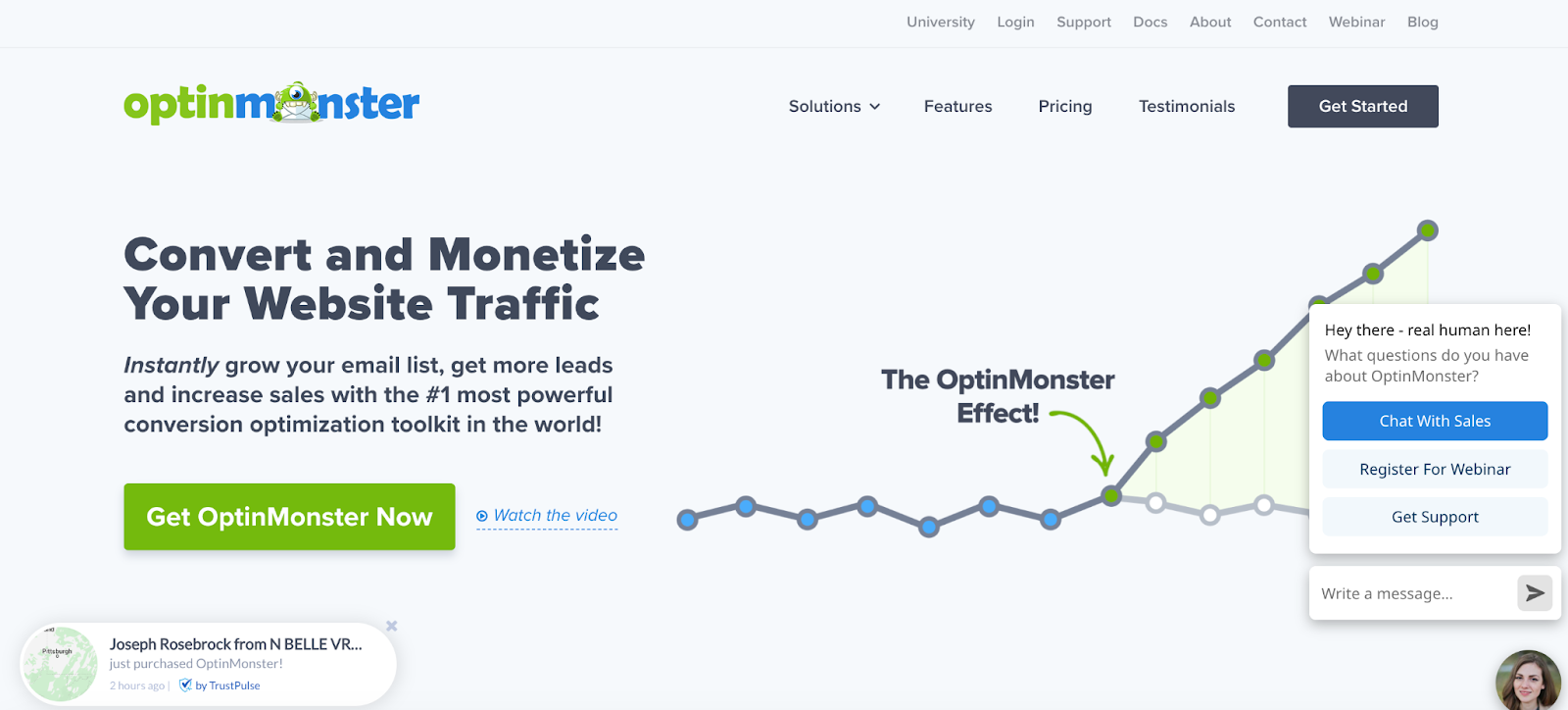Optinmonster homepage A screenshot of the Optinmonster homepage featuring a description of the plugin
