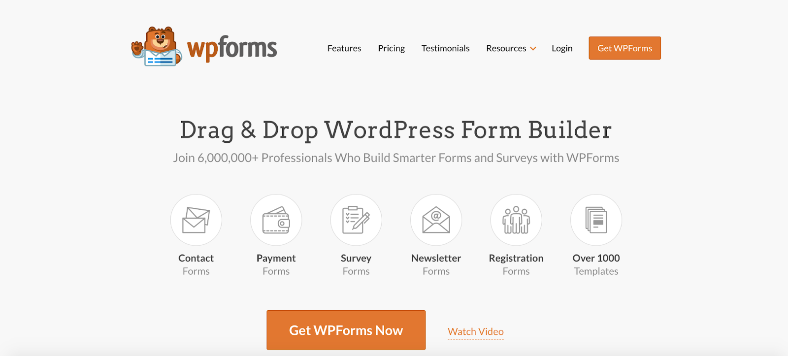 WPForms homepage A screenshot of the WPForms homepage featuring a breakdown of the plugin’s benefits as well as a CTA button