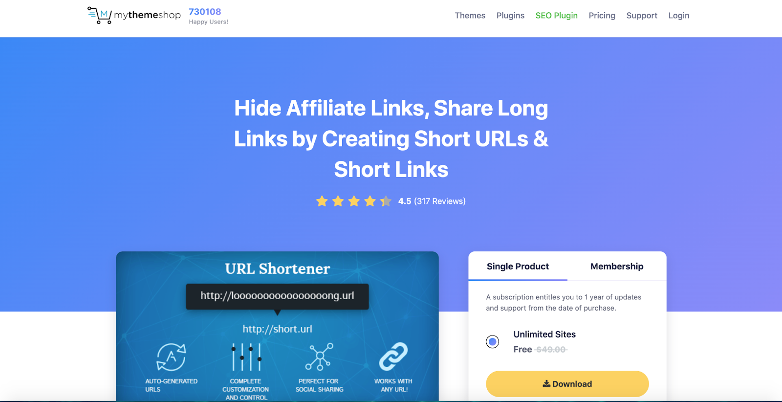 URL Shortener homepage A screenshot of the URL Shortener homepage featuring a list of the product benefits and a download button