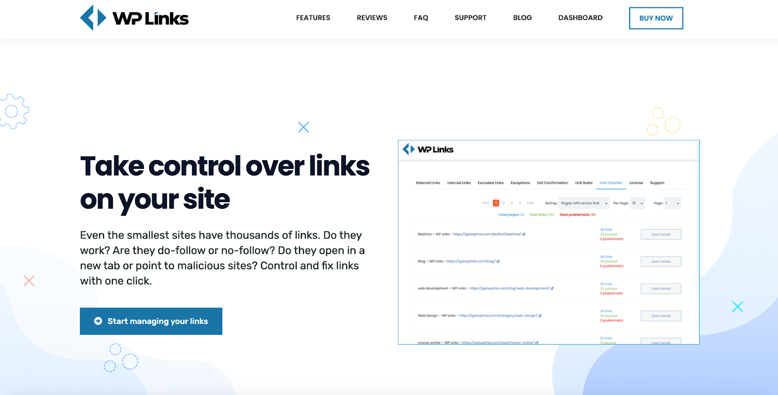 WP Links homepage A screenshot of the WP Links homepage featuring a dashboard window and product description