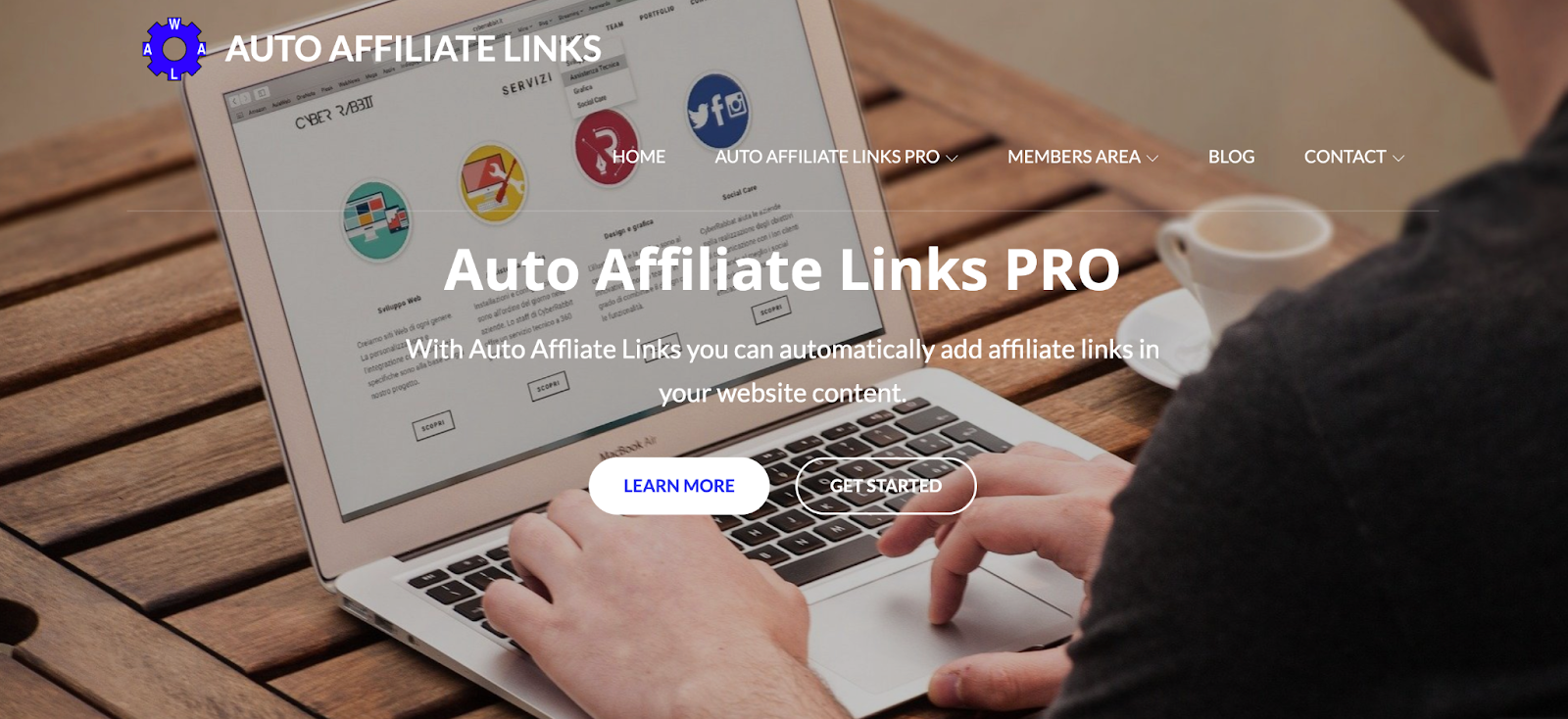 Auto Affiliate Links homepage A screenshot of the Auto Affiliate Links homepage featuring a photo of a man typing on a computer as well as links to Auto Affiliate Links Pro