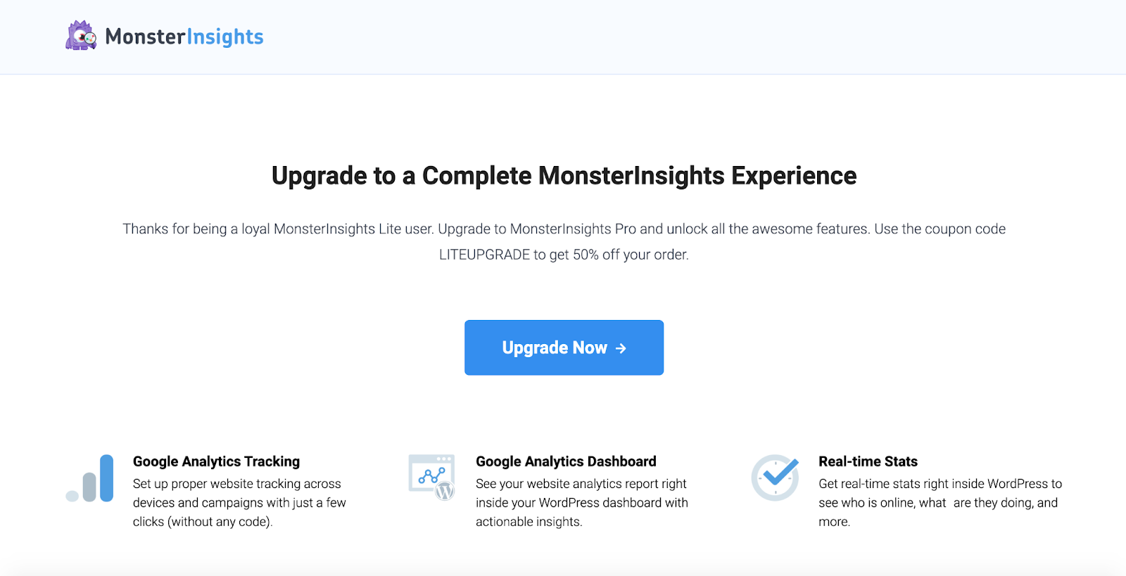 MonsterInsights homepage A screenshot of the MonsterInsights homepage featuring the “Upgrade Now” button and a list of product features