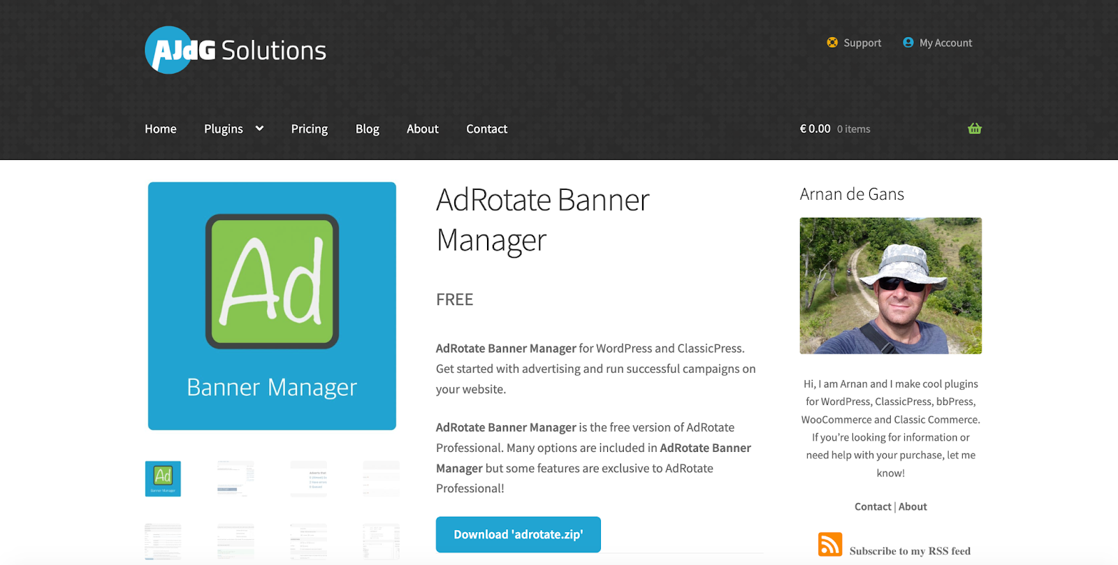 AdRotate Banner Manager page A screenshot of the AdRotate Banner Manager page featuring the product’s logo and description as well as information about the author