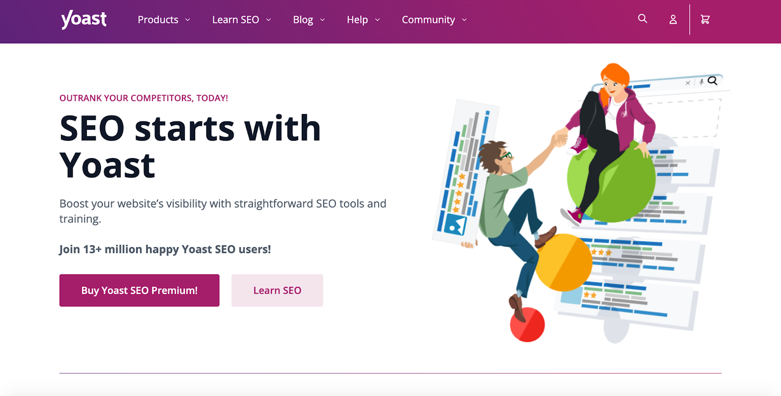 Yoast SEO homepage A screenshot of the Yoast SEO homepage featuring two cartoon characters climbing up the background of a webpage