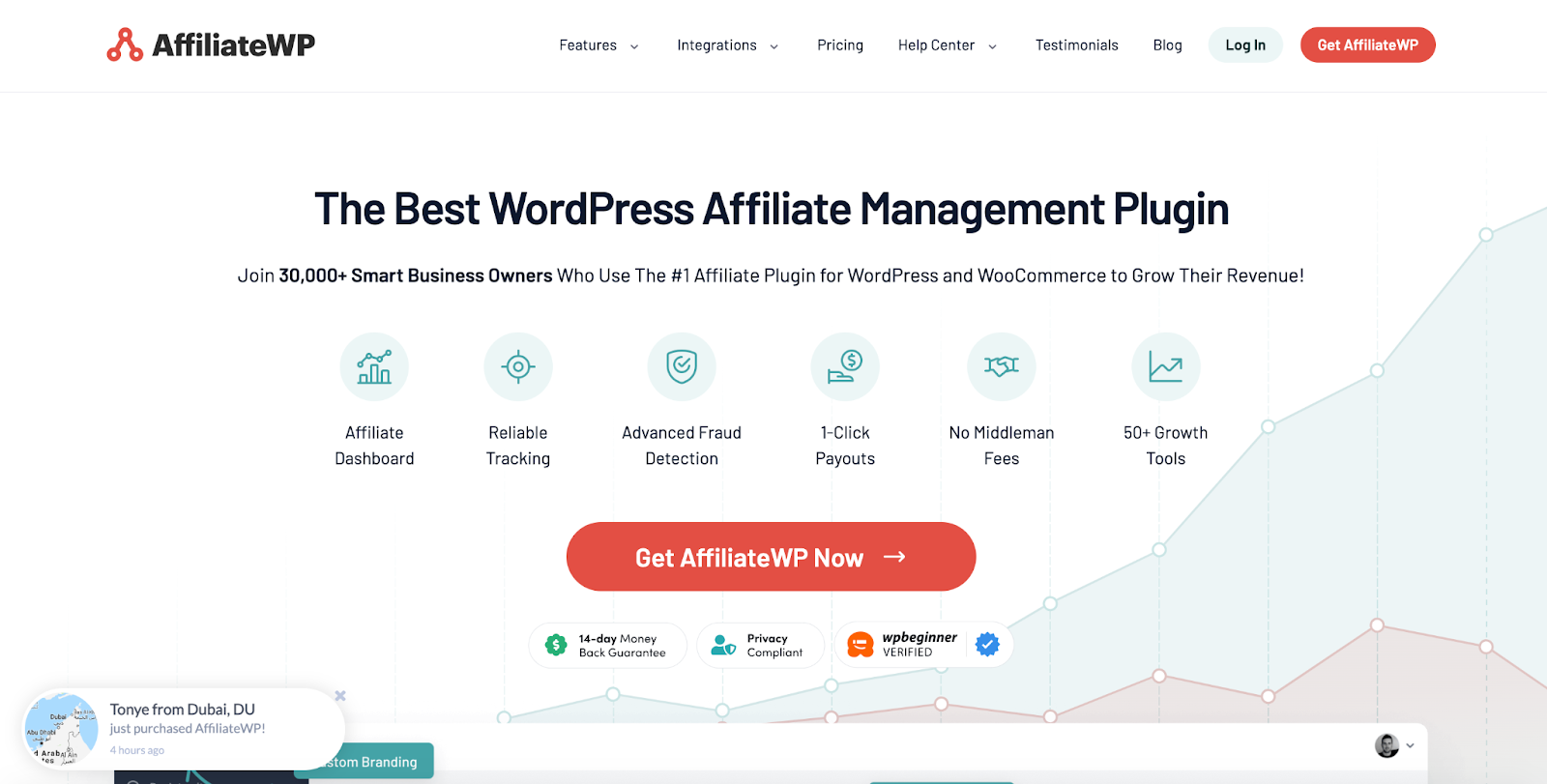 Affiliate WP homepage A screenshot of the Affiliate WP homepage featuring the product benefits followed by icons