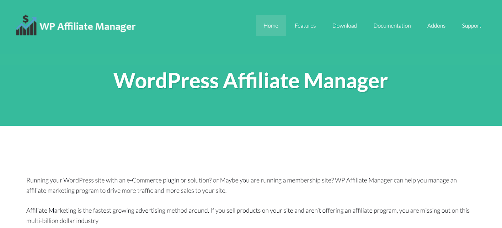 WordPress Affiliate Manager homepage A screenshot of the WordPress Affiliate Manager homepage featuring a detailed description of the tool