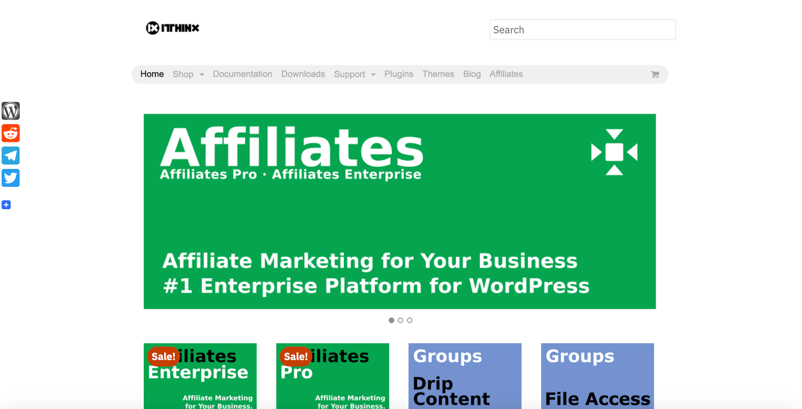 Affiliates by itthinx homepage A screenshot of the Affiliates by itthinx homepage featuring product banners