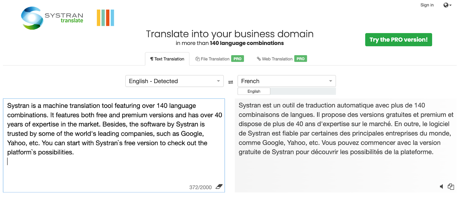 Systran Translation Interface A screenshot of the Systran translation interface