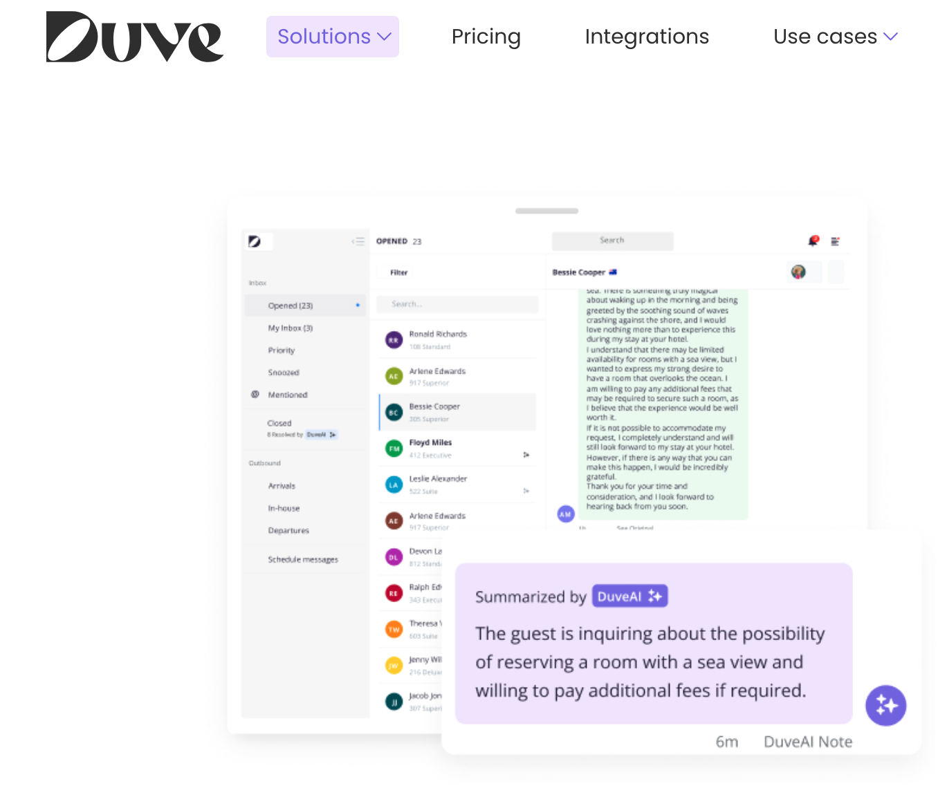 Duve bots can summarize the customer’s message to help you find the solution and see the big picture of your audience’s experience A screenshot of the Duve software featuring the summarized message of a bot