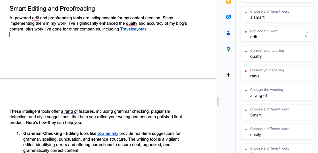 An example of Grammarly giving me editing and proofreading suggestions on this very paragraph! The image displays the Word document used for this article and the integration Grammarly offers. The AI-powered editing tool suggests solutions for spelling errors, clarity, and engagement.