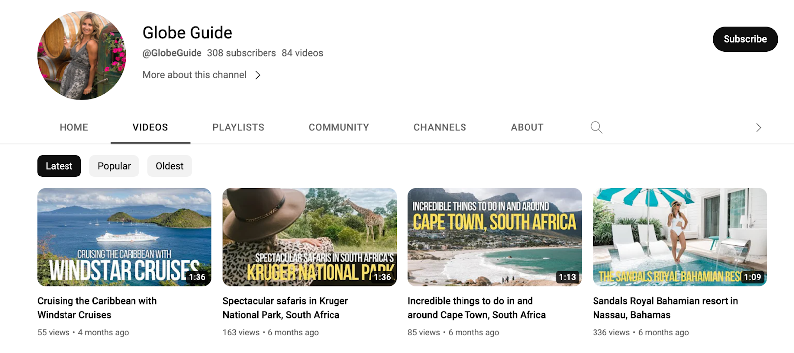 Tamara, author of the Globe Guide blog, hosts a YouTube channel in addition to her blog Screenshot of the YouTube page with videos from the Globe Guide blog