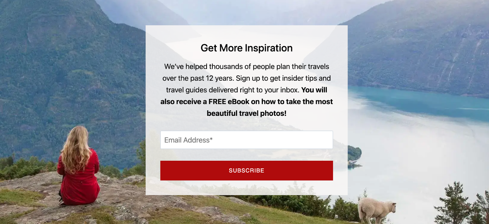 Christy, author of the Ordinary Traveler blog, offers to sign up for a newsletter with tips and guides and gives subscribers an ebook for signing up A screenshot of the subscription form on the Ordinary Traveler blog