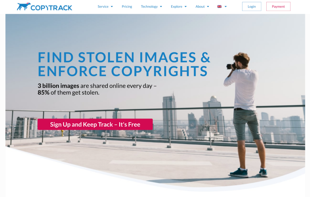 Copytrack front webpage, service fights against unauthorized photography use