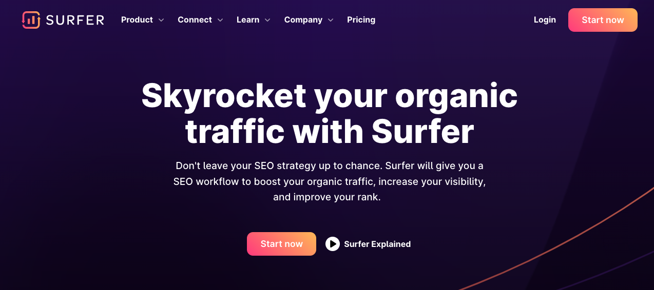 Surfer SEO is my top pick for AI-driven SEO tools. The image displays the homepage of Surfer SEO, an AI-driven tool promising to skyrocket your organic traffic.