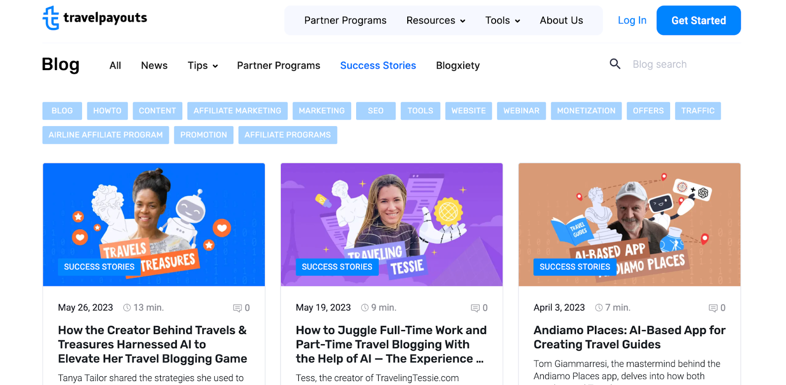 Several travel bloggers, including these Travelpayouts Partners, can help you overcome writer’s block with tips from their personal experiences. A screenshot of the “Success Stories” section on the Travelpayouts Blog featuring Tanya from Travels and Treasures, Tess from Traveling Tessie, and Tom from Andiamo Places.
