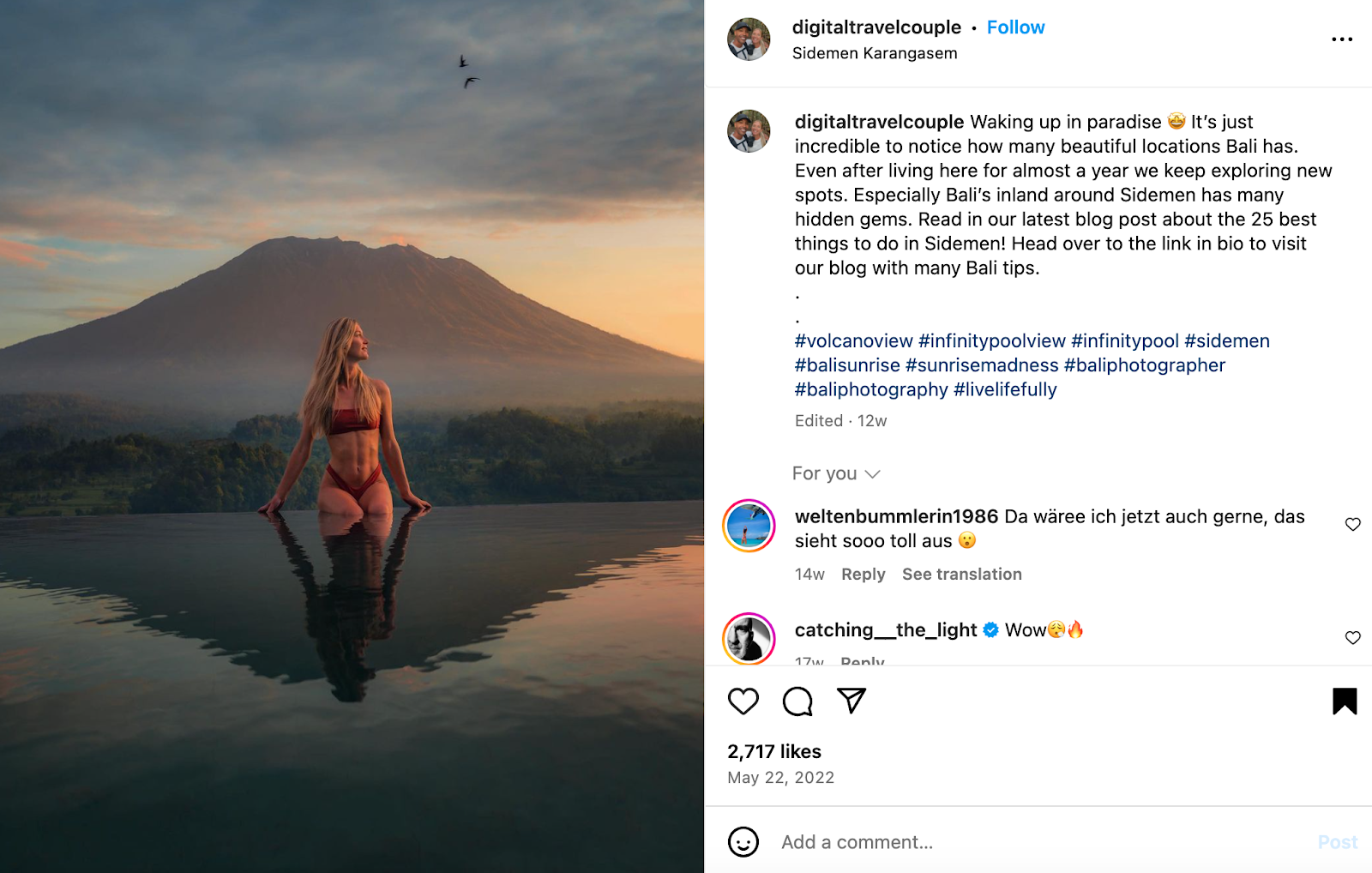 Capture your visitors’ attention with an eye-catching picture and interesting caption, and encourage them to check the link in your bio A screenshot of an Instagram travel post